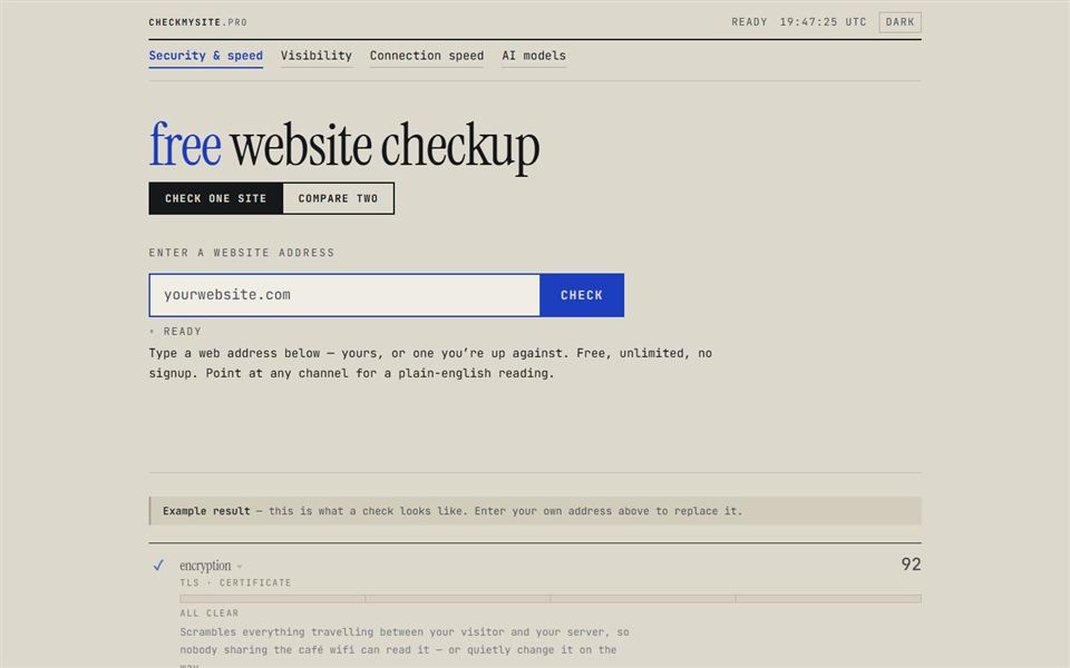 The checkmysite.pro front page